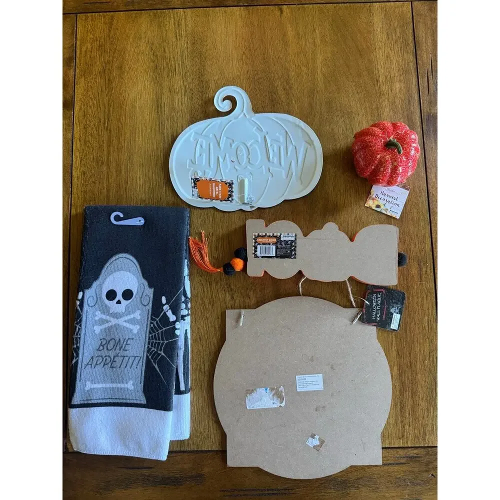 NWT Halloween Decor Lot Ghost Pumpkin Bone Appetit Towel Yard Sign Fall Decor